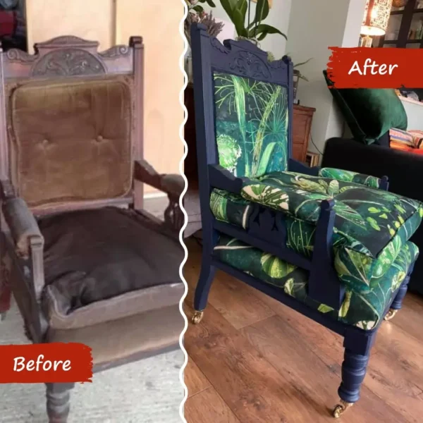 kreslo pred a po maľovaní kriedovou farbou frenchic hornblower - dubu.sk - kvalitné renovácie farbami