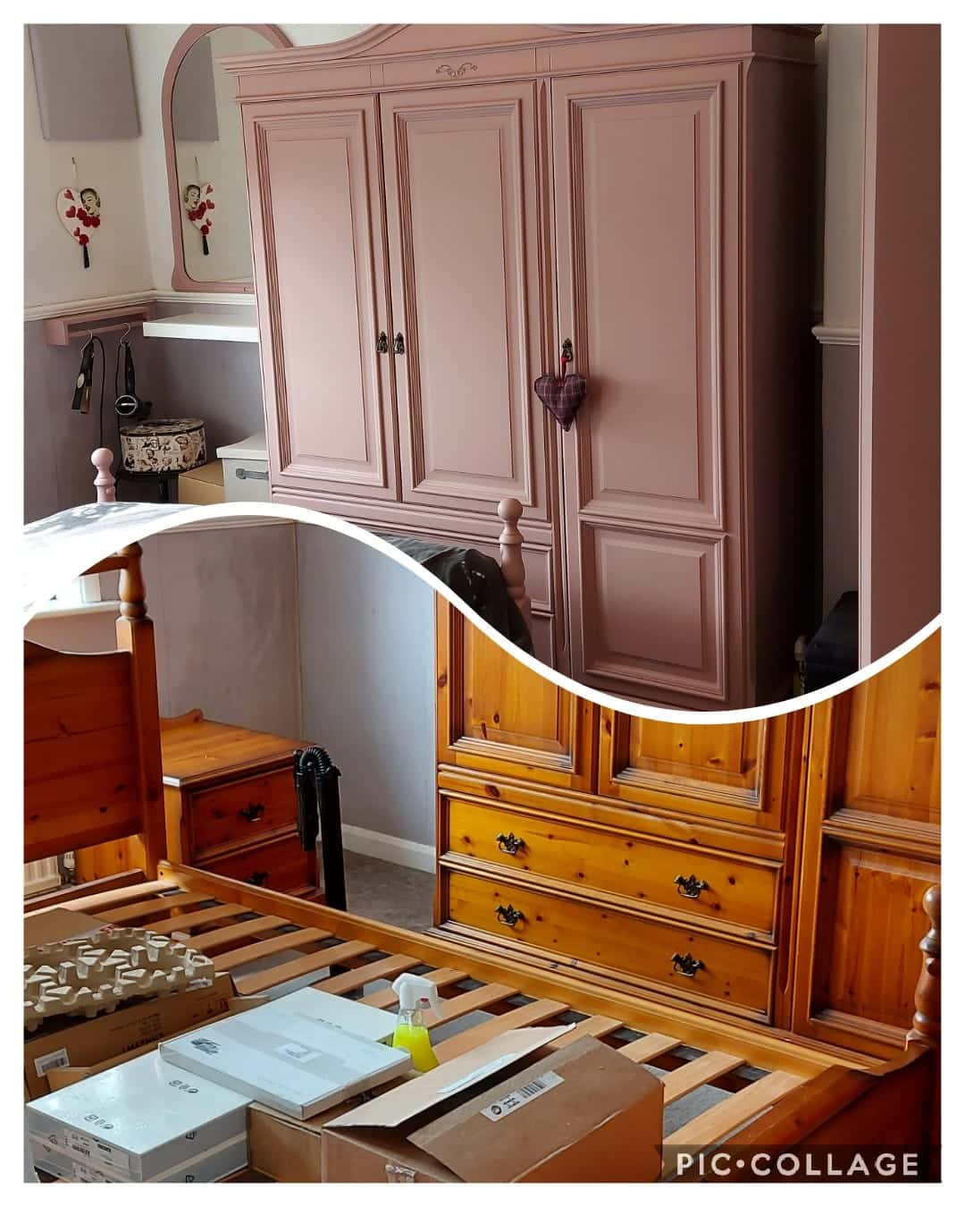 Rustikálna skriňa pred a po natretí kriedovou farbou Frenchic Dusky Blush