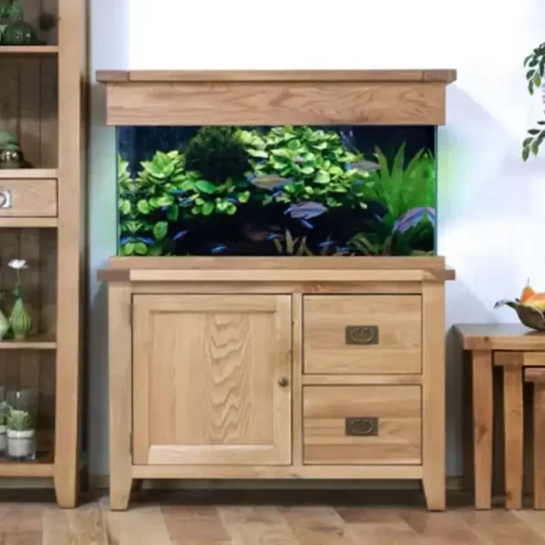 Stolík pod akvárium z masívu s 2 zásuvkami, dvierkami a dreveným krytom pre 200 L akvárium, interiér
