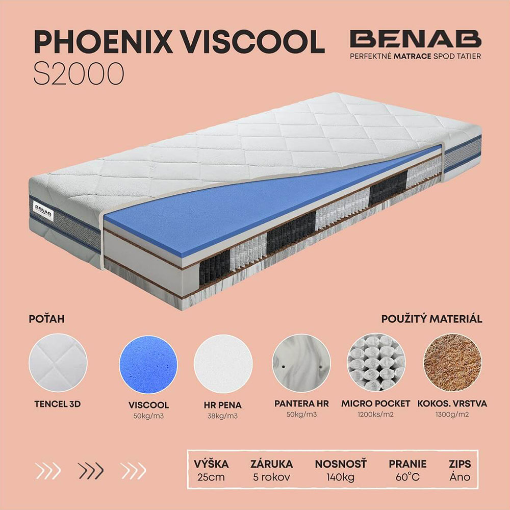 Matrac Phoenix Viscool S2000 od značky Benab, ktorý je svojim materiálovým zložením zaradený medzi top ortopedické matrace