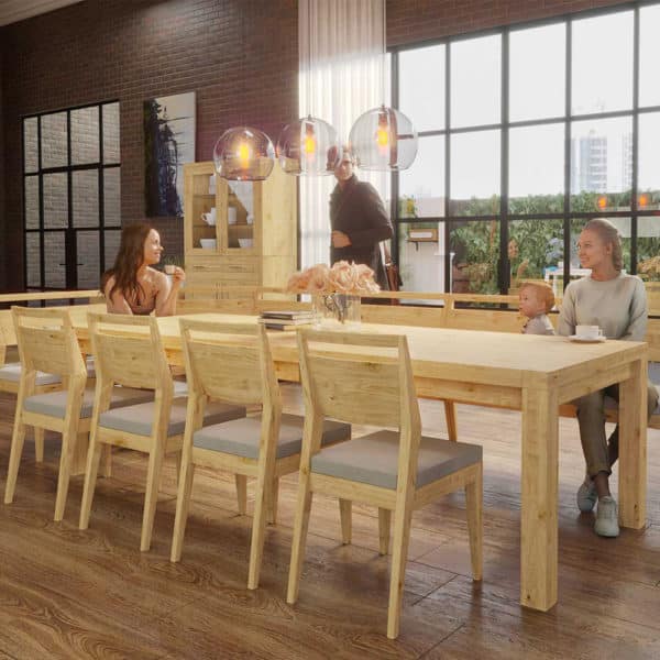 Rozkladací jedálenský stôl z masívu so stoličkami a lavicou