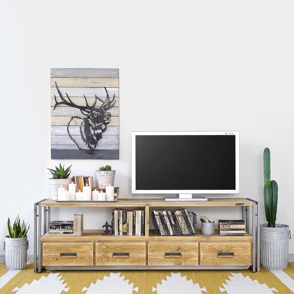 Kovová TV skrinka do obývačky s drevenými zásuvkami a platnou